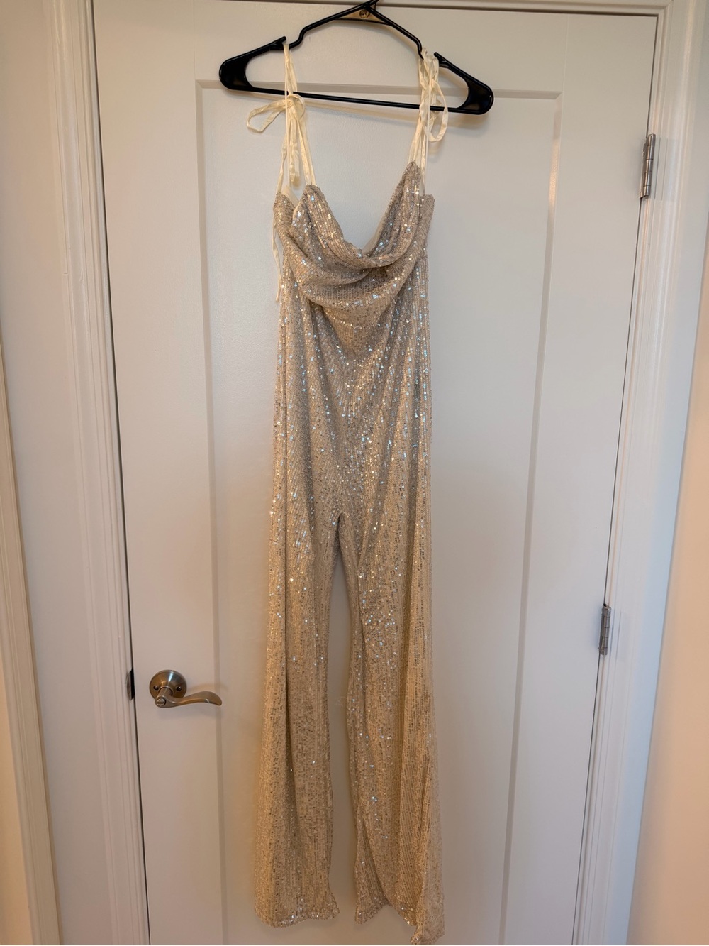 Lulus Sequin Cowl Neck Wide-Leg Jumpsuit in Champagne
